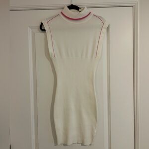 Pants Store White Ribbed Knit Dress w/ Pink Trim